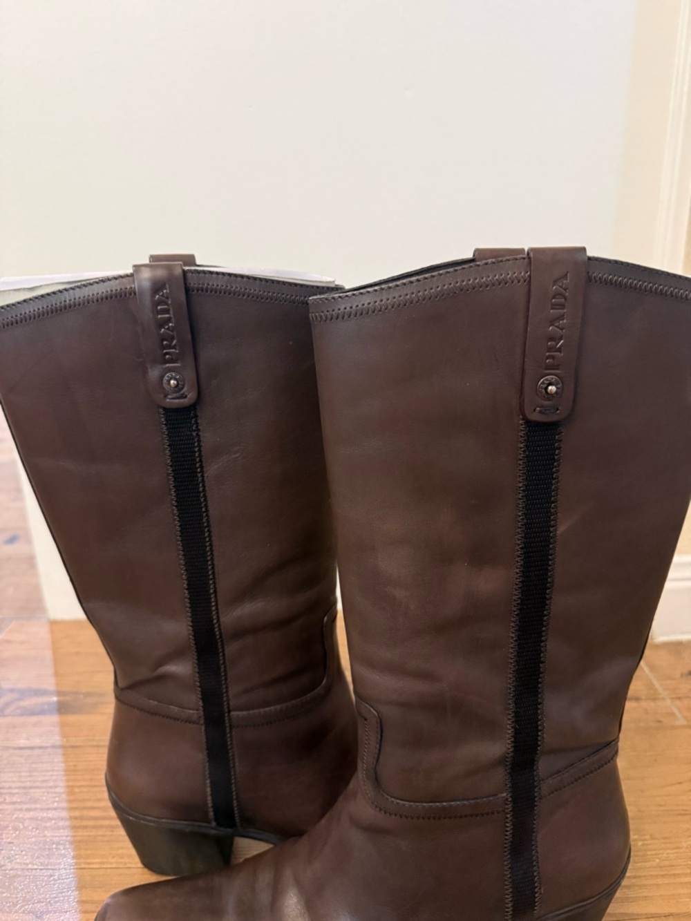 AUTHENTIC Prada Dark Brown Leather Mid-Calf Heel Boots with Box & COA Size 38 - Picture 5 of 10